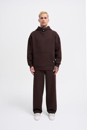 Erkek Basic Diagonel Kapüşonlu Sweatshirt Koyu Kahverengi