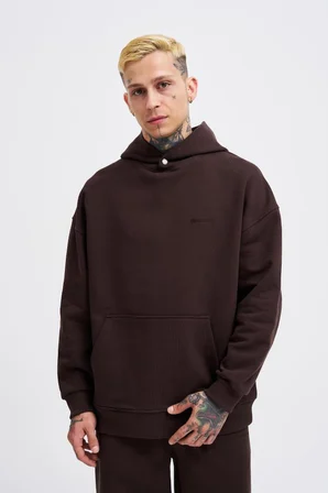 Erkek Basic Diagonel Kapüşonlu Sweatshirt Koyu Kahverengi