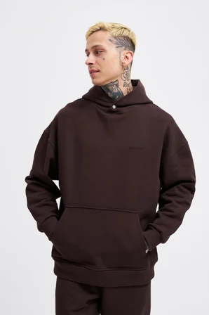 Erkek Basic Diagonel Kapüşonlu Sweatshirt Koyu Kahverengi