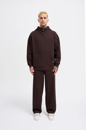 Erkek Basic Diagonel Kapüşonlu Sweatshirt Koyu Kahverengi