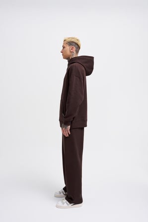 Erkek Basic Diagonel Kapüşonlu Sweatshirt Koyu Kahverengi