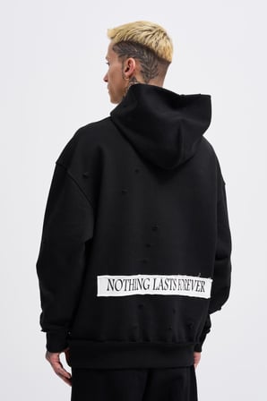 Erkek Printed and Patched Kapüşonlu Sweatshirt Siyah
