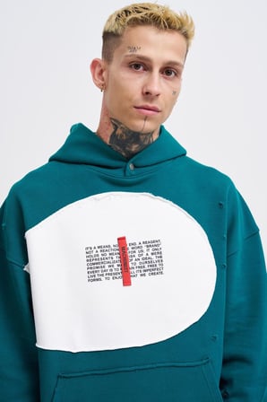 Erkek Printed and Patched Kapüşonlu Sweatshirt Yağ Yeşili
