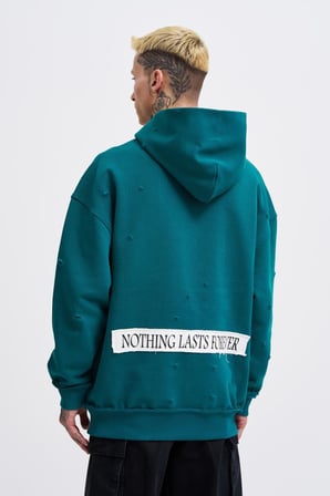 Erkek Printed and Patched Kapüşonlu Sweatshirt Yağ Yeşili