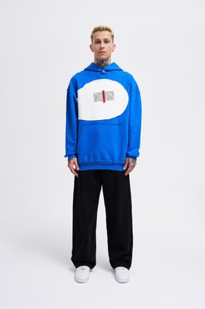 Erkek Printed and Patched Kapüşonlu Sweatshirt Açık Mavi