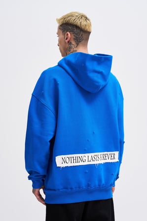Erkek Printed and Patched Kapüşonlu Sweatshirt Açık Mavi