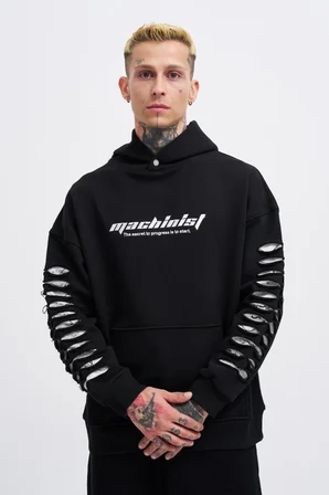 Erkek Rıpped Effects Sleeves Kapüşonlu Sweatshirt Siyah