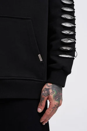 Erkek Rıpped Effects Sleeves Kapüşonlu Sweatshirt Siyah