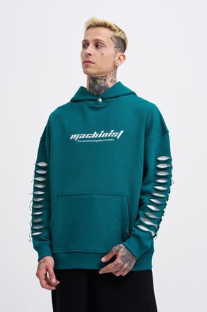 Erkek Rıpped Effects Sleeves Kapüşonlu Sweatshirt Yağ Yeşili