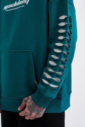 Erkek Rıpped Effects Sleeves Kapüşonlu Sweatshirt Yağ Yeşili