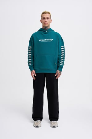 Erkek Rıpped Effects Sleeves Kapüşonlu Sweatshirt Yağ Yeşili