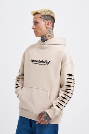 Erkek Rıpped Effects Sleeves Kapüşonlu Sweatshirt Açık Bej
