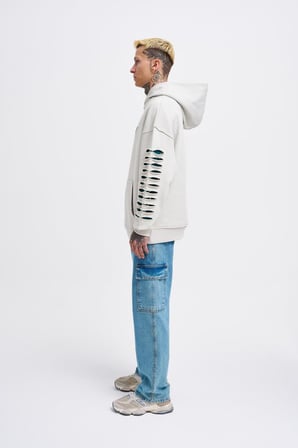 Erkek Rıpped Effects Sleeves Kapüşonlu Sweatshirt Uzay Grisi