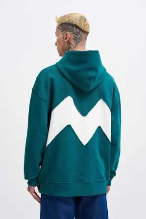 Erkek M Shaped Pactwork Kapüşonlu Sweatshirt Yağ Yeşili