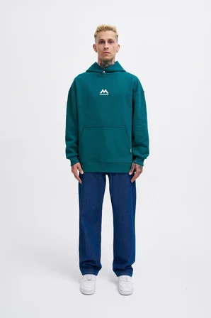 Erkek M Shaped Pactwork Kapüşonlu Sweatshirt Yağ Yeşili