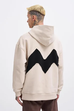 Erkek M Shaped Pactwork Kapüşonlu Sweatshirt Açık Bej