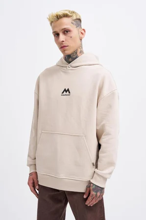Erkek M Shaped Pactwork Kapüşonlu Sweatshirt Açık Bej