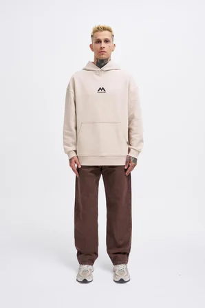 Erkek M Shaped Pactwork Kapüşonlu Sweatshirt Açık Bej