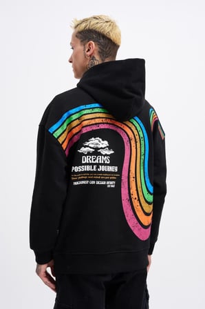 Erkek Rainbow Printed Kapüşonlu Sweatshirt Siyah