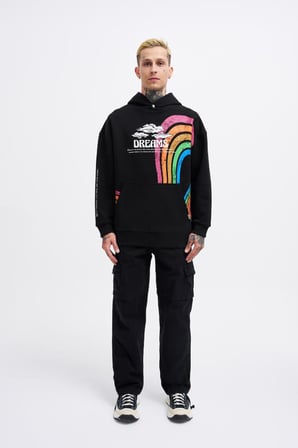 Erkek Rainbow Printed Kapüşonlu Sweatshirt Siyah