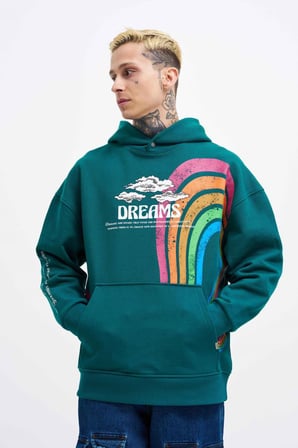 Erkek Rainbow Printed Kapüşonlu Sweatshirt Yağ Yeşili