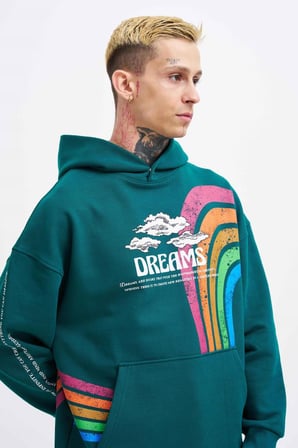 Erkek Rainbow Printed Kapüşonlu Sweatshirt Yağ Yeşili