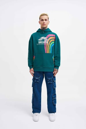 Erkek Rainbow Printed Kapüşonlu Sweatshirt Yağ Yeşili