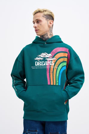 Erkek Rainbow Printed Kapüşonlu Sweatshirt Yağ Yeşili