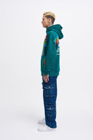 Erkek Rainbow Printed Kapüşonlu Sweatshirt Yağ Yeşili