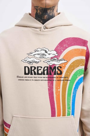 Erkek Rainbow Printed Kapüşonlu Sweatshirt Açık Bej