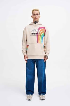 Erkek Rainbow Printed Kapüşonlu Sweatshirt Açık Bej