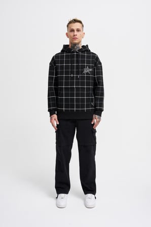Erkek Leather Applique Kapüşonlu Sweatshirt Siyah