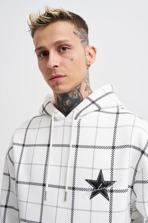 Erkek Leather Applique Kapüşonlu Sweatshirt Ekru