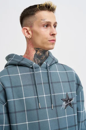 Erkek Leather Applique Kapüşonlu Sweatshirt Mavi Duman