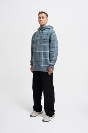 Erkek Leather Applique Kapüşonlu Sweatshirt Mavi Duman