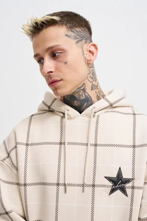 Erkek Leather Applique Kapüşonlu Sweatshirt Açık Bej