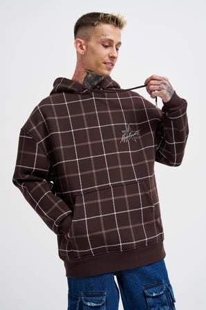 Erkek Leather Applique Kapüşonlu Sweatshirt Koyu Kahverengi