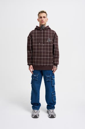 Erkek Leather Applique Kapüşonlu Sweatshirt Koyu Kahverengi