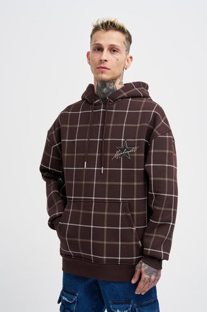 Erkek Leather Applique Kapüşonlu Sweatshirt Koyu Kahverengi