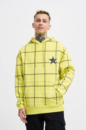 Erkek Leather Applique Kapüşonlu Sweatshirt Neon Sarı