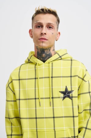 Erkek Leather Applique Kapüşonlu Sweatshirt Neon Sarı