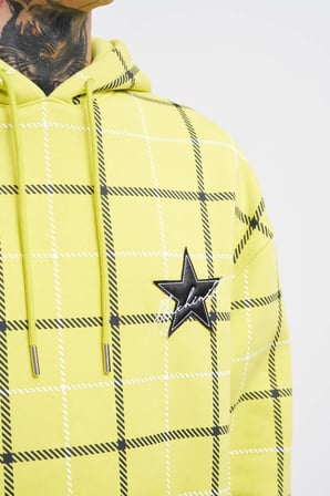 Erkek Leather Applique Kapüşonlu Sweatshirt Neon Sarı