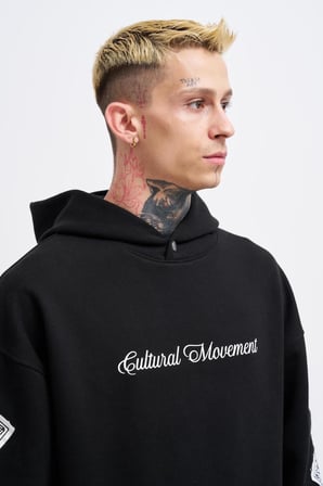 Erkek Patched Ethnic Kapüşonlu Sweatshirt Siyah