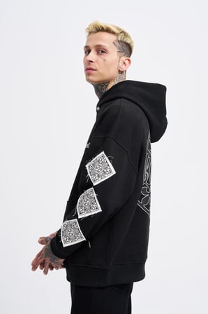 Erkek Patched Ethnic Kapüşonlu Sweatshirt Siyah