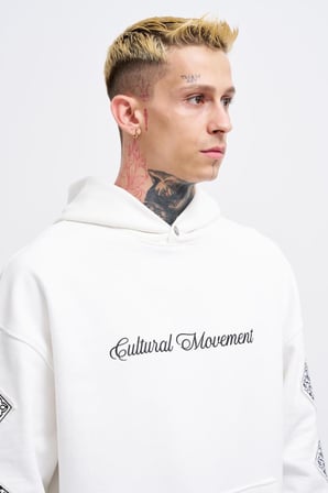 Erkek Patched Ethnic Kapüşonlu Sweatshirt Ekru