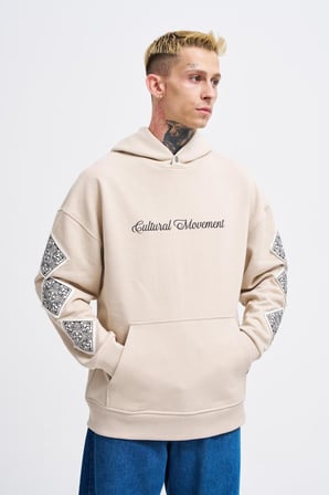 Erkek Patched Ethnic Kapüşonlu Sweatshirt Açık Bej