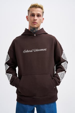 Erkek Patched Ethnic Kapüşonlu Sweatshirt Koyu Kahverengi