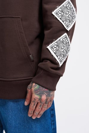 Erkek Patched Ethnic Kapüşonlu Sweatshirt Koyu Kahverengi