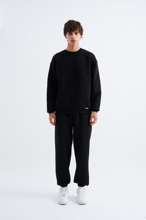 Erkek Basic Bisiklet Yaka Oversize Sweatshirt Siyah