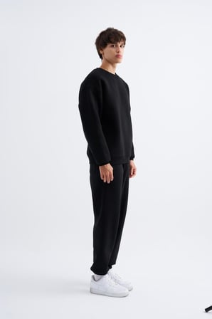 Erkek Basic Bisiklet Yaka Oversize Sweatshirt Siyah